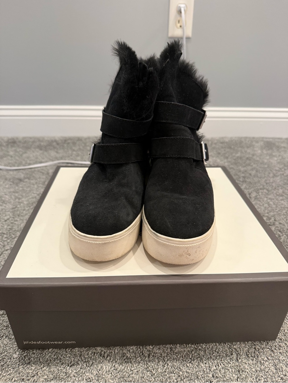 J Slides Black Suede Fur-Trim Slip-On Ankle Booties